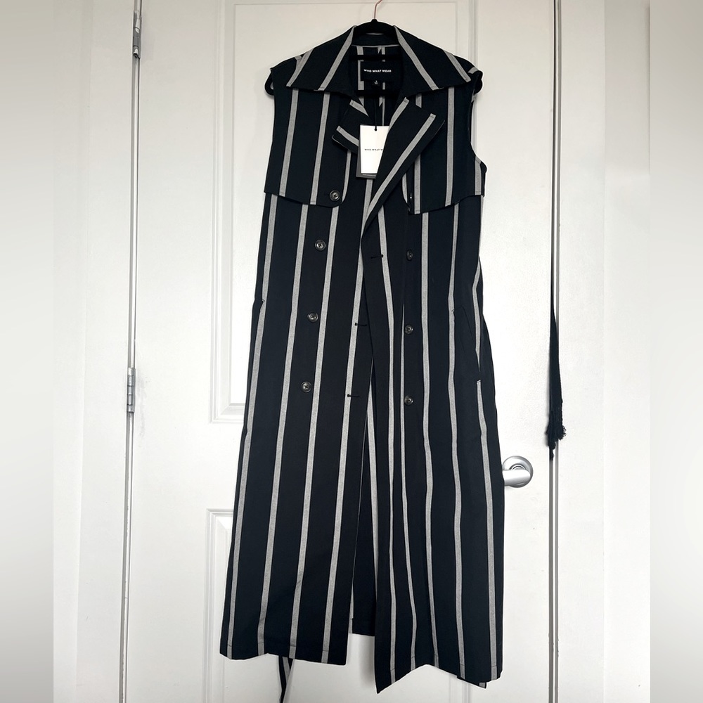 Who what wear black and grey stripe vest trench with tie waist belt